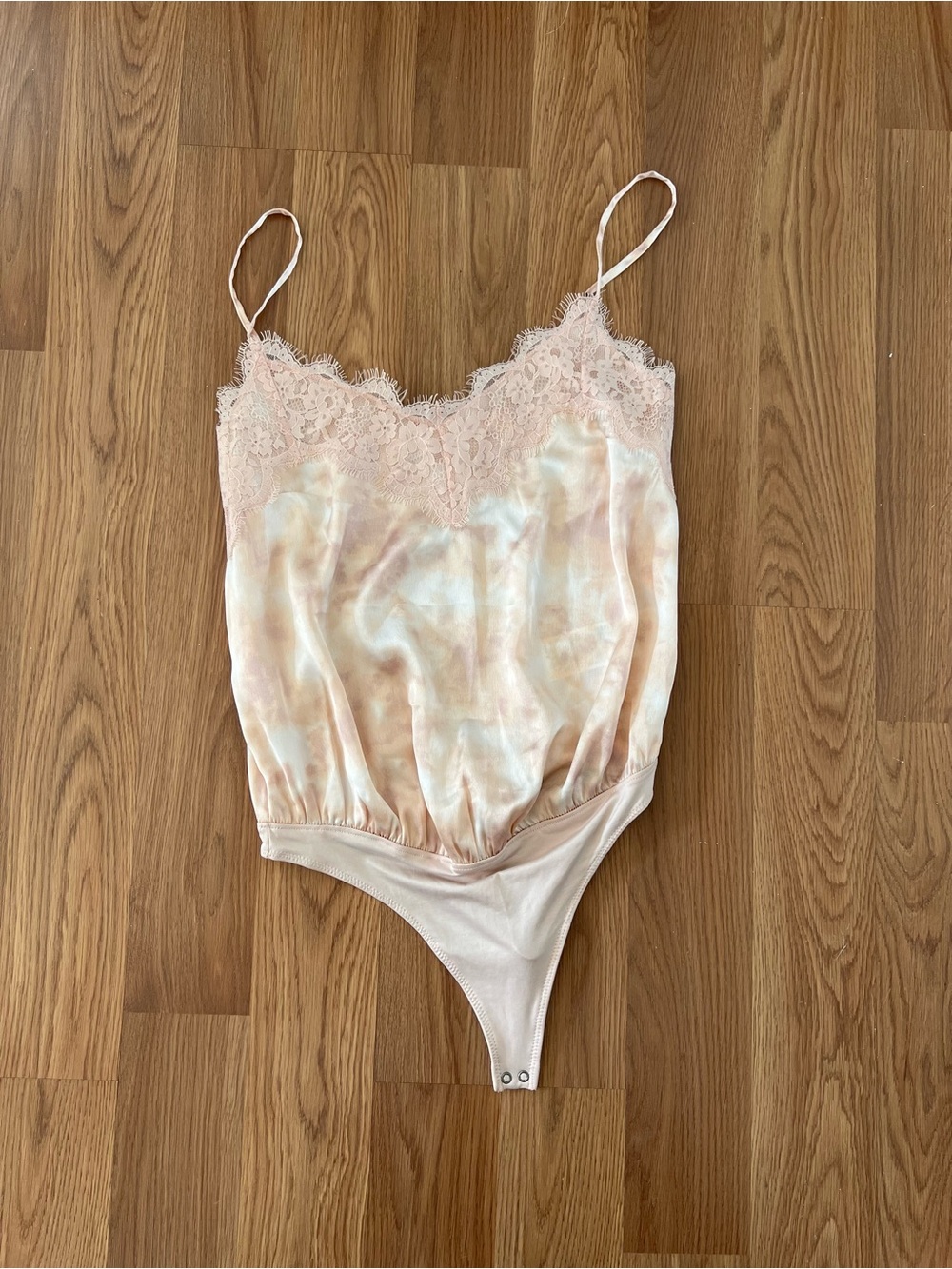 A&F Silky Lace Trim Bodysuit in Blush Tie-Dye